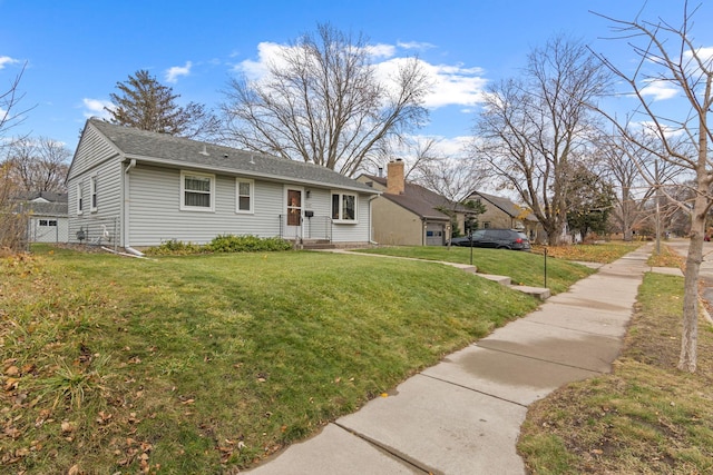 single story home featuring a front yard, roof with shingles, and a chimney