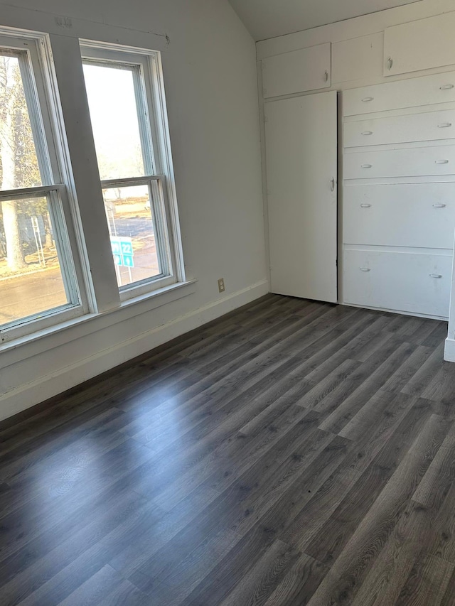 spare room featuring a healthy amount of sunlight, baseboards, and dark wood-type flooring