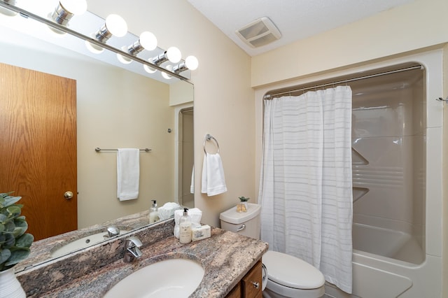 bathroom with shower / bath combo with shower curtain, visible vents, toilet, and vanity