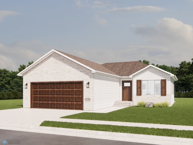 single story home with brick siding, a shingled roof, an attached garage, driveway, and a front lawn