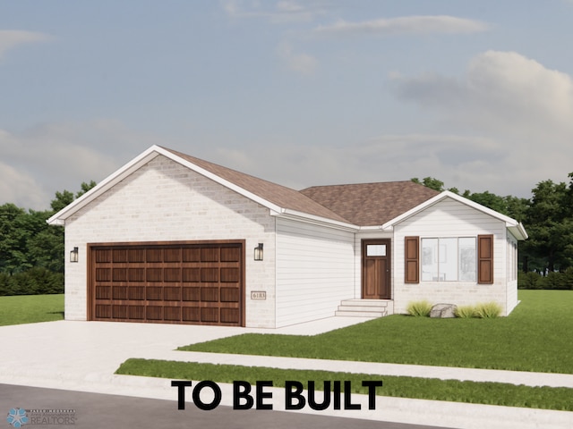 view of front of house featuring an attached garage, brick siding, a shingled roof, driveway, and a front yard