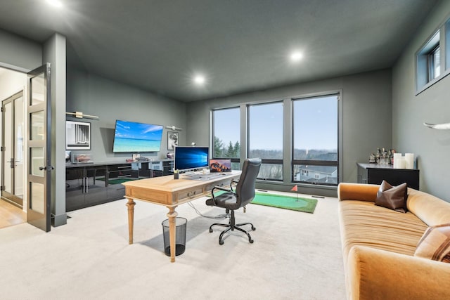 carpeted office featuring recessed lighting