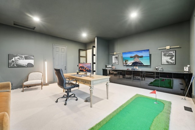 home office featuring recessed lighting, visible vents, golf simulator, and carpet flooring