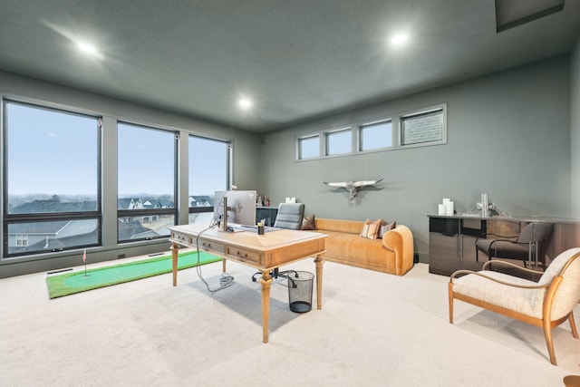 office area with recessed lighting and carpet floors