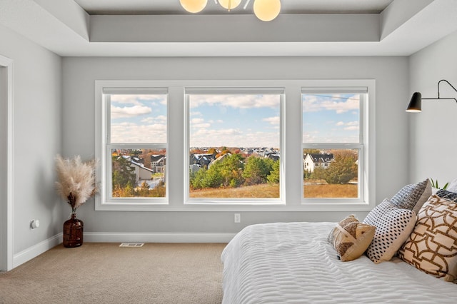 bedroom featuring carpet floors, a raised ceiling, visible vents, and baseboards