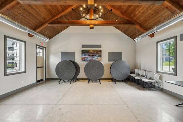 miscellaneous room with concrete flooring, vaulted ceiling with beams, a chandelier, wood ceiling, and baseboards