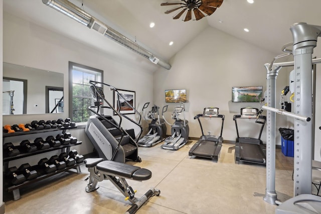 workout area with high vaulted ceiling, a ceiling fan, and recessed lighting