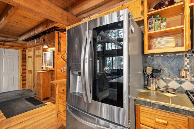 kitchen with wood ceiling, smart refrigerator, beam ceiling, and backsplash