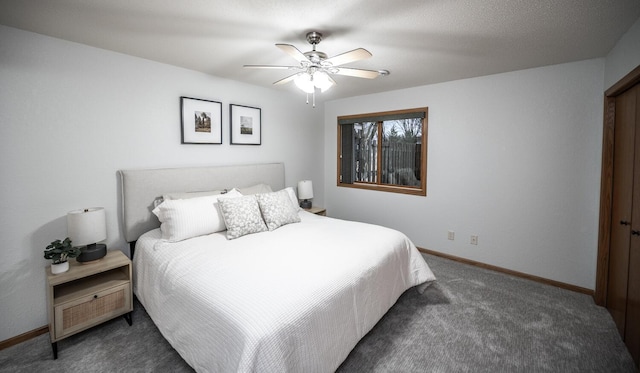 bedroom featuring carpet floors, baseboards, and a ceiling fan