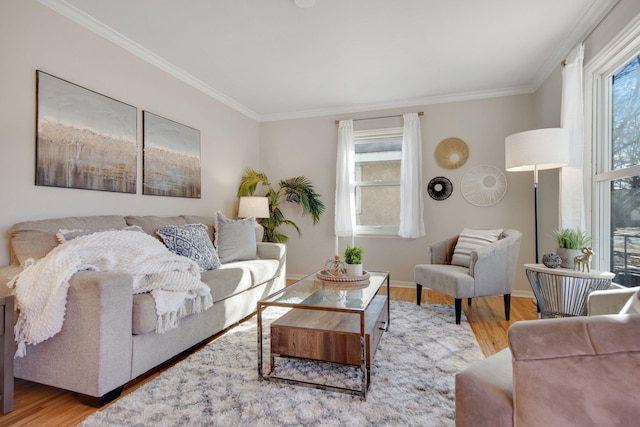 living room featuring ornamental molding, wood finished floors, and a healthy amount of sunlight