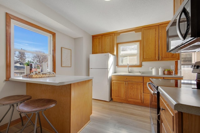 kitchen with light wood finished floors, stainless steel appliances, light countertops, a sink, and a kitchen breakfast bar