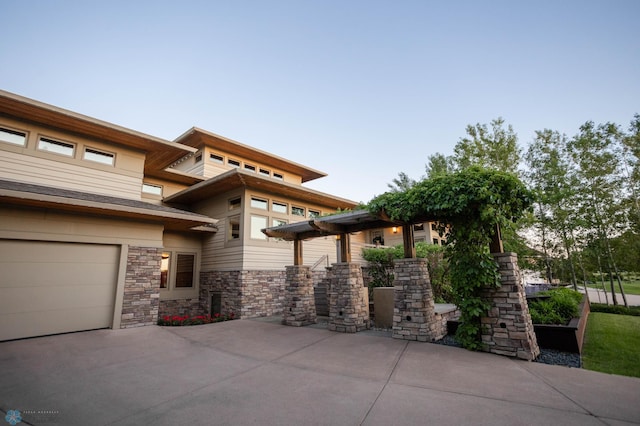 view of patio featuring a garage