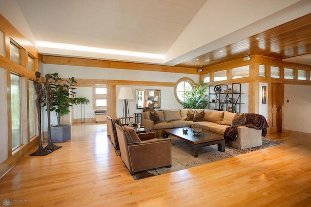living room with light wood-style floors, plenty of natural light, and high vaulted ceiling