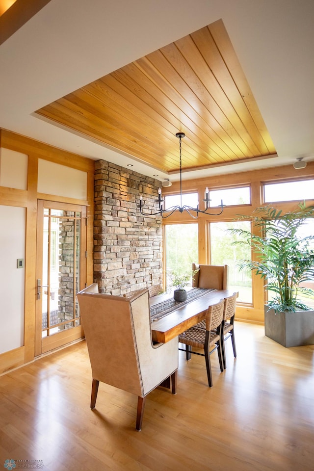 dining area with light wood finished floors, a tray ceiling, a chandelier, and wood ceiling
