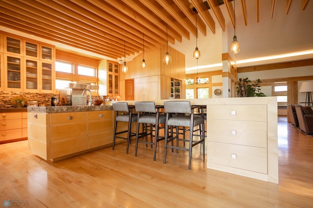 kitchen with a kitchen breakfast bar, light wood-style flooring, and a healthy amount of sunlight