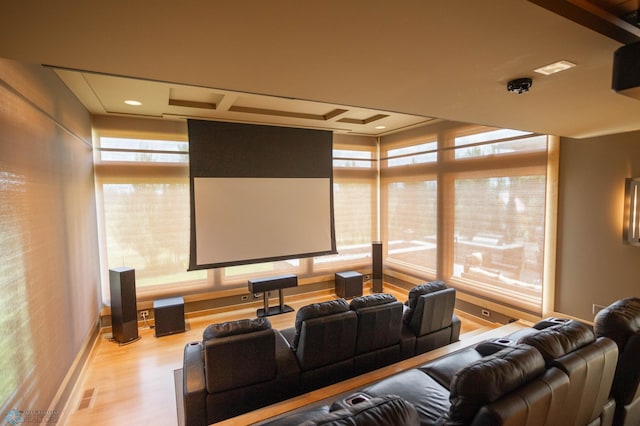 cinema room featuring plenty of natural light, wood finished floors, and baseboards