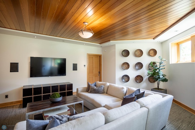 living room featuring wood ceiling and baseboards