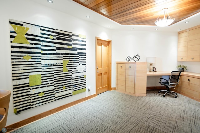 office with baseboards, built in desk, wooden ceiling, and recessed lighting
