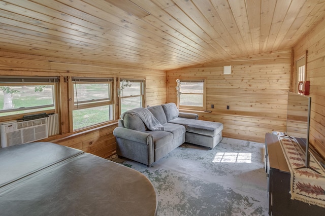 living area featuring wood ceiling and wood walls