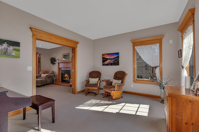 617 17th St N, Sartell, MN 56377 - living area featuring carpet floors, a glass covered fireplace, and baseboards