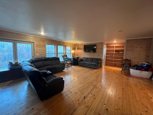 living room featuring wood walls and hardwood / wood-style floors