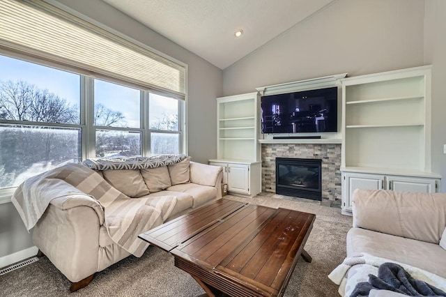 living room featuring recessed lighting, light colored carpet, a fireplace, visible vents, and vaulted ceiling