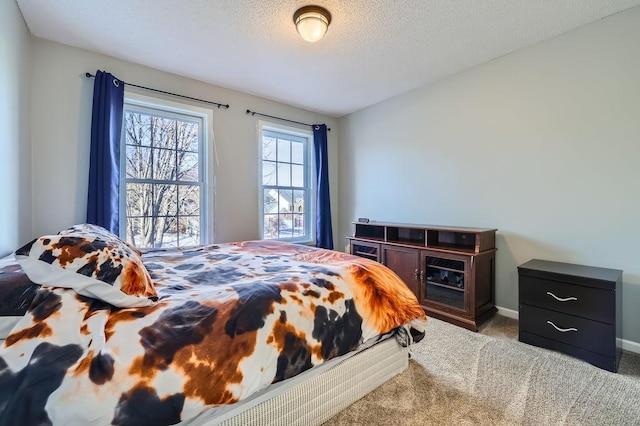 bedroom featuring a textured ceiling, carpet flooring, and baseboards