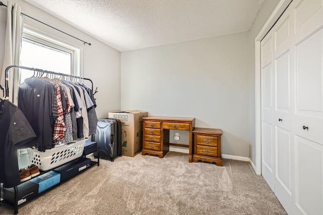 carpeted office with baseboards and a textured ceiling