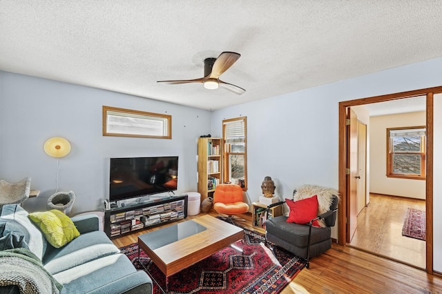 living area featuring ceiling fan, a textured ceiling, and wood finished floors