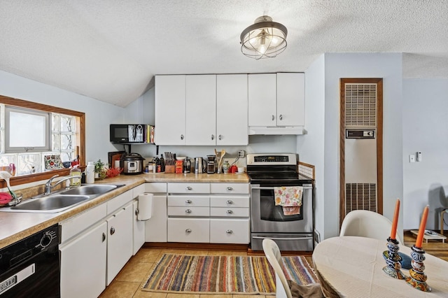 kitchen featuring black dishwasher, under cabinet range hood, light countertops, stainless steel range with electric stovetop, and a sink