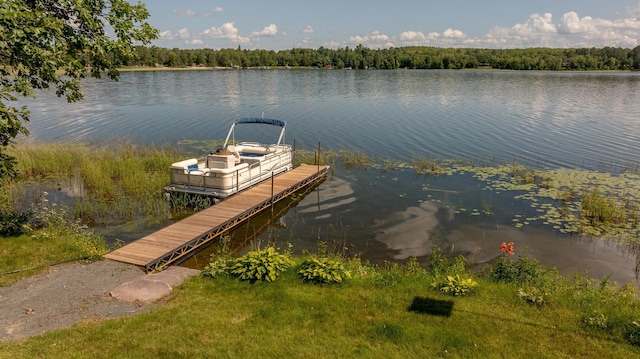 view of dock featuring a water view and a wooded view