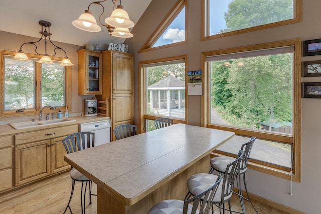 kitchen with light countertops, hanging light fixtures, glass insert cabinets, a sink, and dishwasher