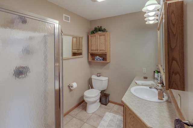 full bath with tile patterned flooring, toilet, vanity, visible vents, and a shower stall