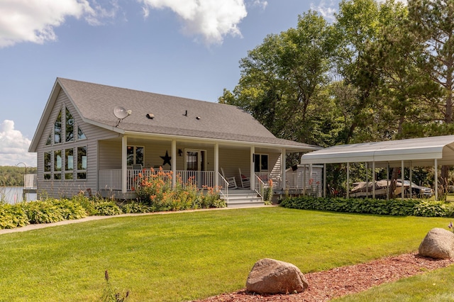 view of front of house with a porch, a front yard, and a shingled roof