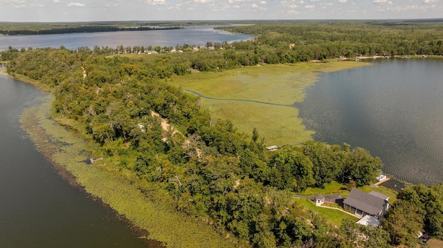 birds eye view of property with a water view and a view of trees