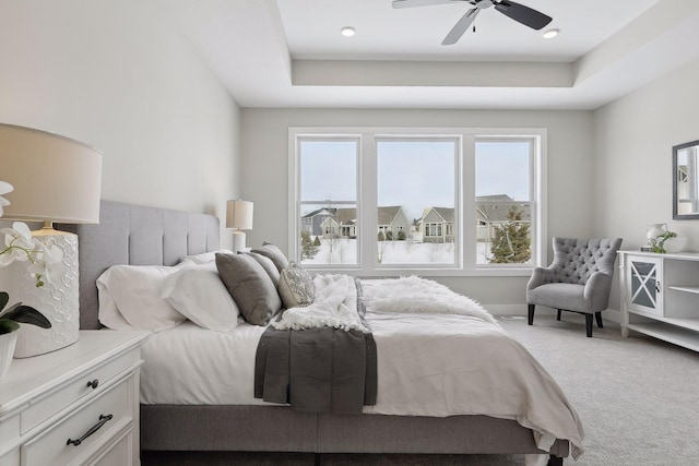 bedroom with a tray ceiling, multiple windows, and carpet flooring