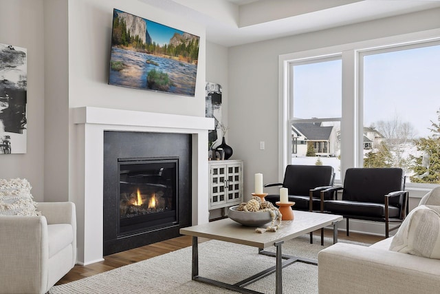 living area featuring dark wood-type flooring and a glass covered fireplace