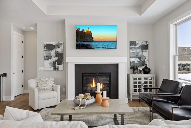 living area featuring a raised ceiling, wood finished floors, a fireplace with flush hearth, and baseboards