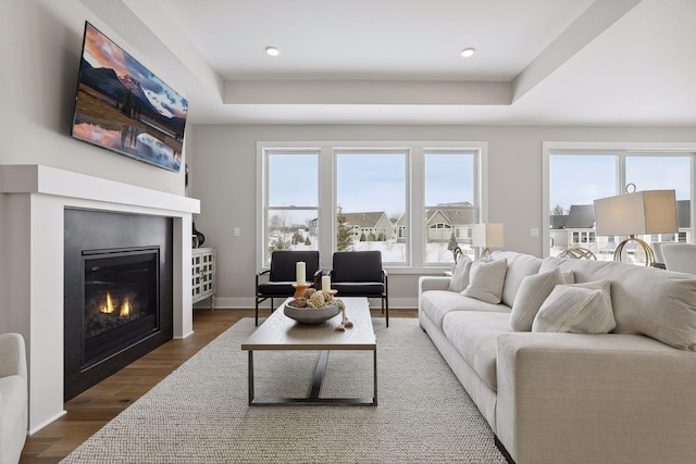 living area featuring a tray ceiling, baseboards, wood finished floors, and a glass covered fireplace