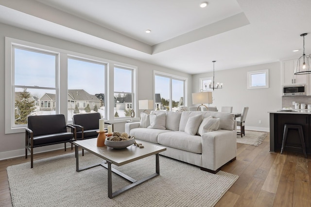 living area featuring a raised ceiling, a healthy amount of sunlight, baseboards, and hardwood / wood-style flooring