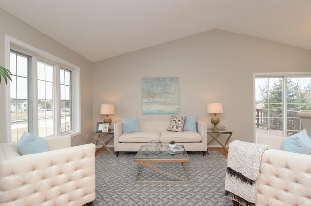 living room featuring lofted ceiling