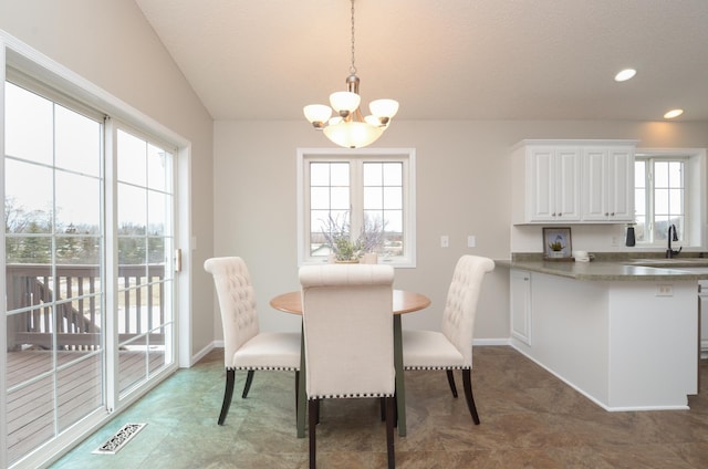 dining space featuring baseboards, recessed lighting, visible vents, and an inviting chandelier