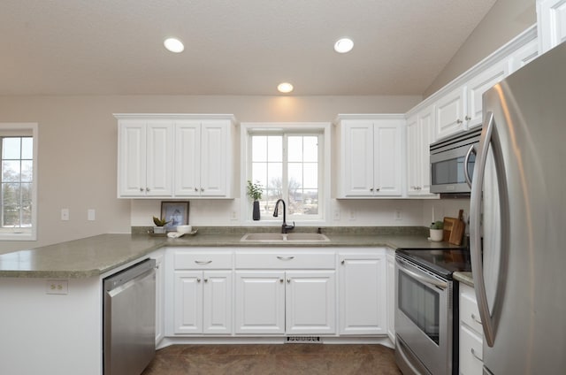 kitchen featuring a peninsula, a healthy amount of sunlight, stainless steel appliances, and a sink