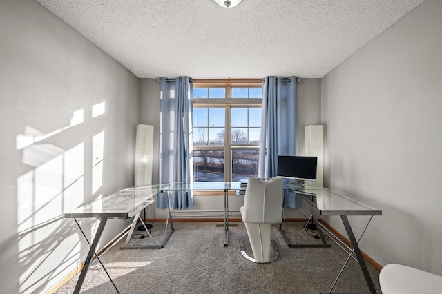 office with a textured ceiling, baseboards, and carpet flooring