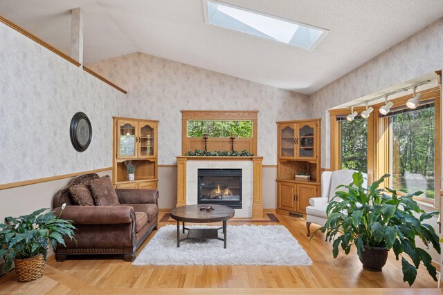 3415 197th Ave NW, Oak Grove, MN 55303 - living area featuring healthy amount of natural light, vaulted ceiling, a fireplace, wood finished floors, and a skylight