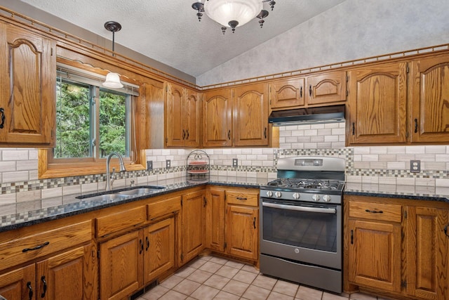 3415 197th Ave NW, Oak Grove, MN 55303 - kitchen with stainless steel gas range, vaulted ceiling, a sink, brown cabinetry, and a textured ceiling