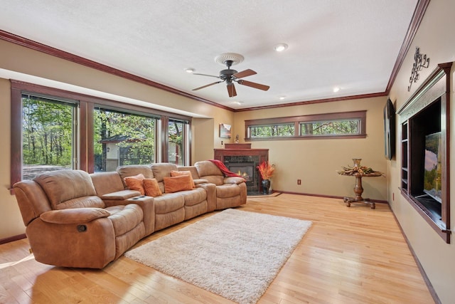 3415 197th Ave NW, Oak Grove, MN 55303 - living area featuring a high end fireplace, ornamental molding, a ceiling fan, baseboards, and light wood finished floors