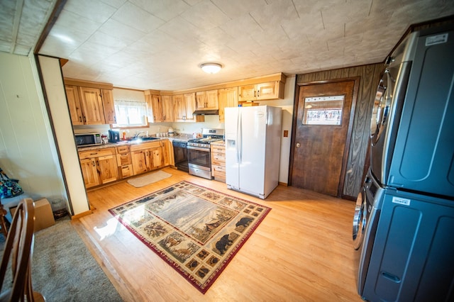 kitchen featuring light countertops, under cabinet range hood, light wood-style floors, stainless steel appliances, and a sink