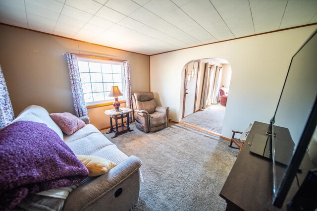 carpeted living area with crown molding and arched walkways