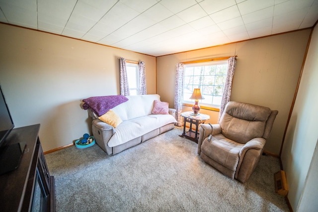living room with baseboards and carpet